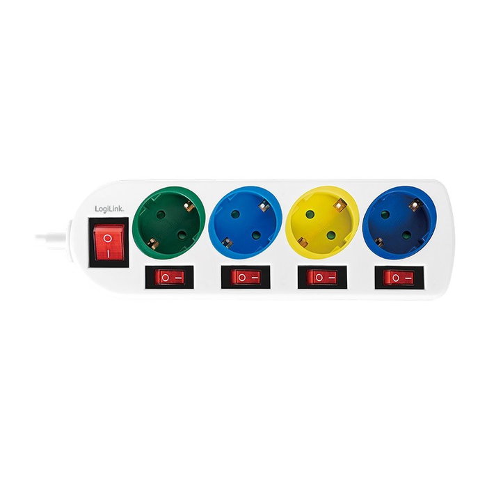 LogiLink Regleta de enchufes con 4 tomas de seguridad y interruptor individual multicolor