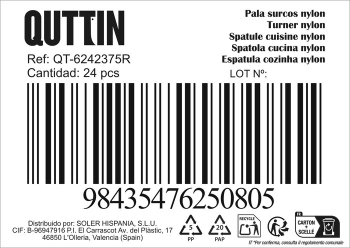 Inde Pala de Nylon Ranurada, 30 x 7 cm, Negra, Longitud Total 33.4 cm (24 Unidades)