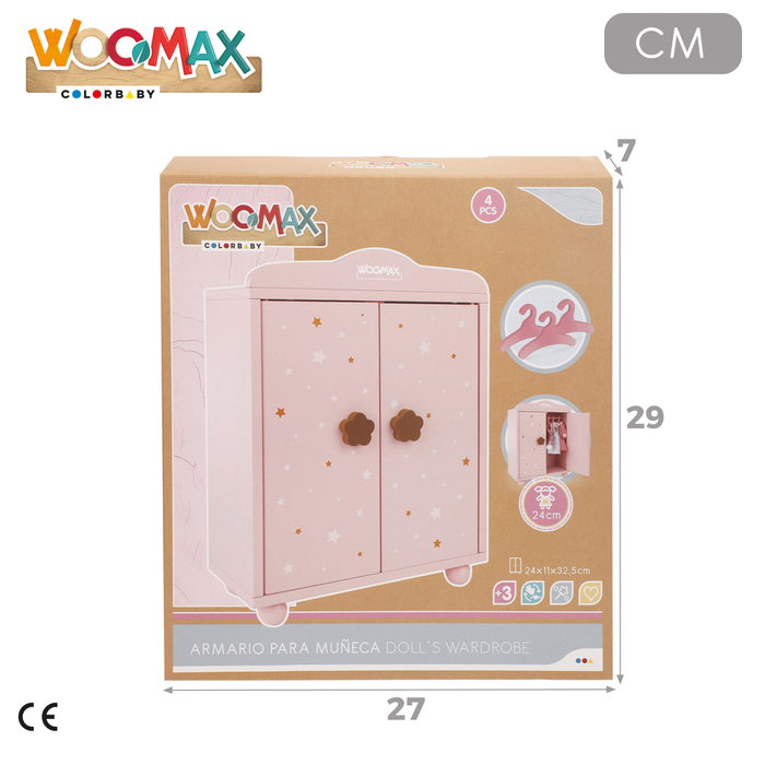 WOOMAX Armario de madera para muñecas rosa con estrellas
