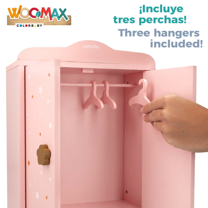 WOOMAX Armario de madera para muñecas rosa con estrellas