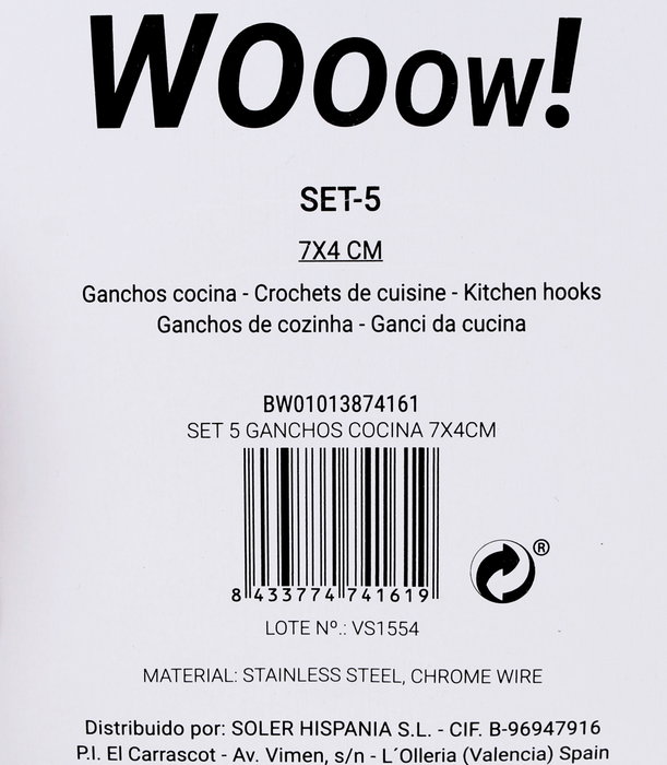 Wooow Set 5 Ganchos de Cocina 7x4 cm Privilege (48 Cajas)