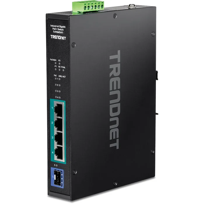 TRENDnet TI-PGM541 Switch Industrial Gigabit Ethernet de 5 Puertos (4 PoE+ 120W, 1 SFP), IP30, -20°C a 65°C, Negro