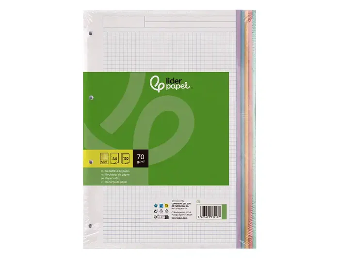 Liderpapel Recambio A5 120 hojas 75gr cuadro 5mm sin margen 6 taladros bandas de 5 colores