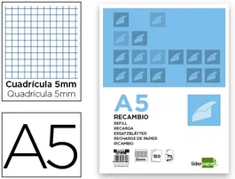 Liderpapel Recambio A5 120 hojas 75gr cuadro 5mm sin margen 6 taladros bandas de 5 colores