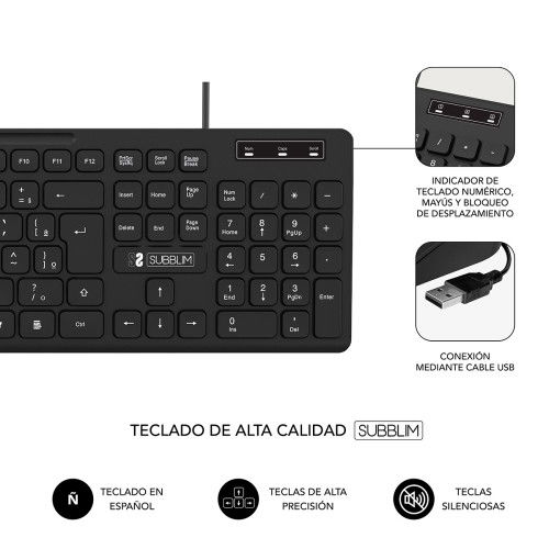 Subblim SUBKBC-0SSK50 Teclado Ergonómico Business Slim Silencioso, Teclado USB QWERTY Español Completo, Diseño Delgado y Resistente a Salpicaduras, Negro