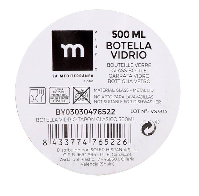 La Mediterranea Botella de Vidrio con Tapón Clásico 500 ml (Pack de 24)