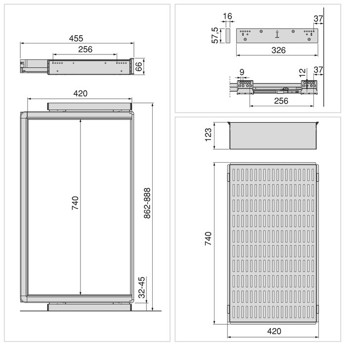 Emuca Kit de cajón metálico y bastidor regulable Quartz para armarios, guías de cierre suave y extracción total, Módulo 90cm, Acabado Titanio