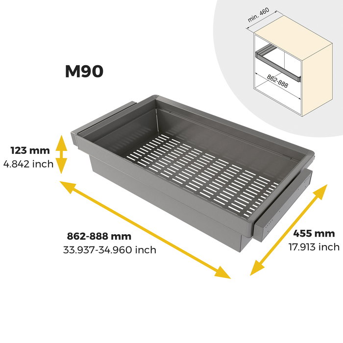 Emuca Kit de cajón metálico y bastidor regulable Quartz para armarios, guías de cierre suave y extracción total, Módulo 90cm, Acabado Titanio