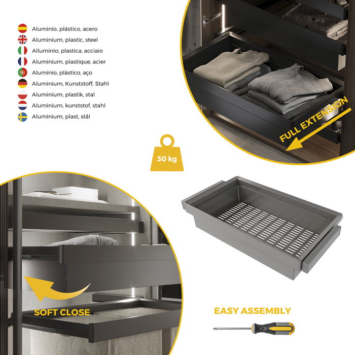Emuca Kit de cajón metálico y bastidor regulable Quartz para armarios, guías de cierre suave y extracción total, Módulo 90cm, Acabado Titanio