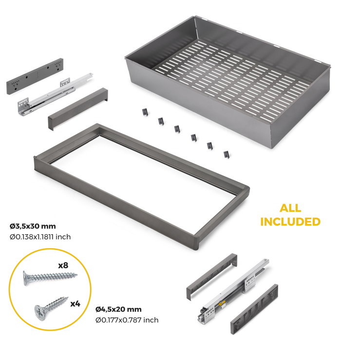 Emuca Kit de cajón metálico y bastidor regulable Quartz para armarios, guías de cierre suave y extracción total, Módulo 90cm, Acabado Titanio