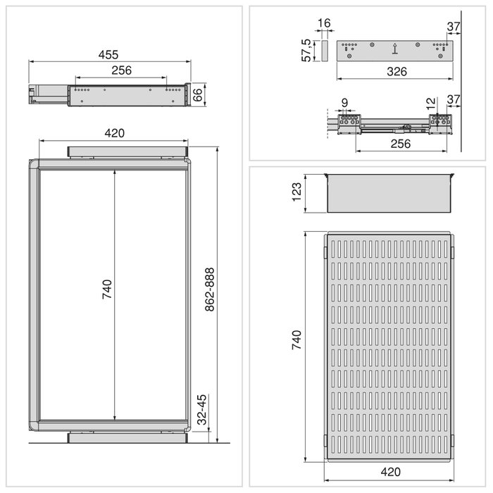 Emuca Kit de cajón metálico y bastidor regulable Quartz para armarios, guías de cierre suave y extracción total, Módulo 90cm, Acabado Titanio