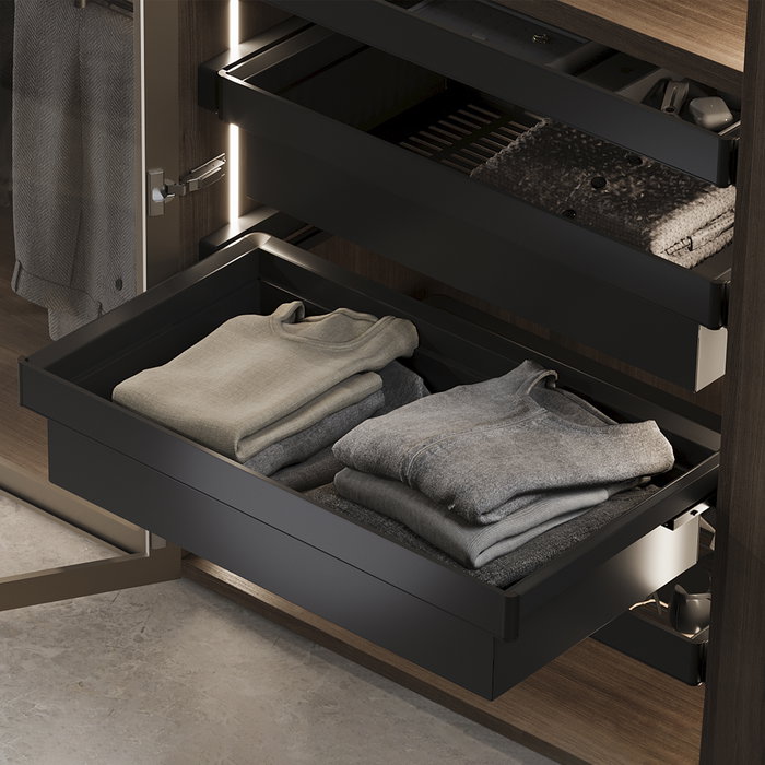 Emuca Kit de cajón metálico y bastidor regulable Quartz para armarios, guías de cierre suave y extracción total, Módulo 90cm, Acabado Titanio