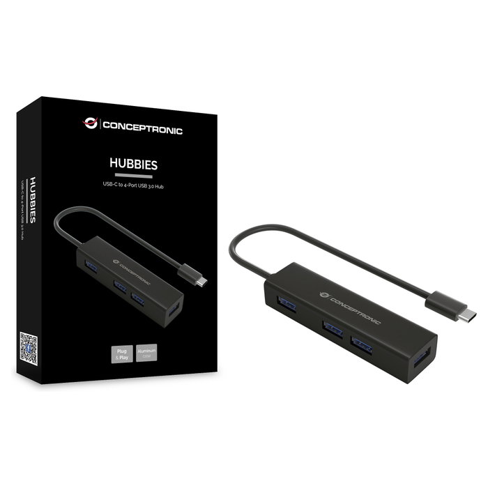 Conceptronic HUBBIES07B Hub USB-C a 4 puertos USB 3.0 Negro