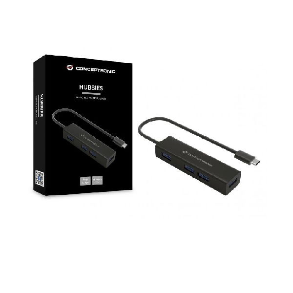 Conceptronic HUBBIES07B - Hub USB Tipo C 4 Puertos USB 3.0 de Alta Velocidad 5 Gbps, Aluminio