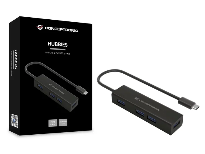 Conceptronic HUBBIES07B Hub USB 3.2 Gen 1 con 4 Puertos USB-A y Conexión USB-C para Ordenador, 5 Gbps, Aluminio Negro