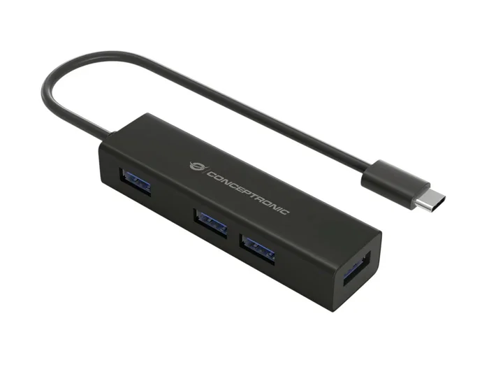 Conceptronic HUBBIES07B Hub USB 3.2 Gen 1 con 4 Puertos USB-A y Conexión USB-C para Ordenador, 5 Gbps, Aluminio Negro