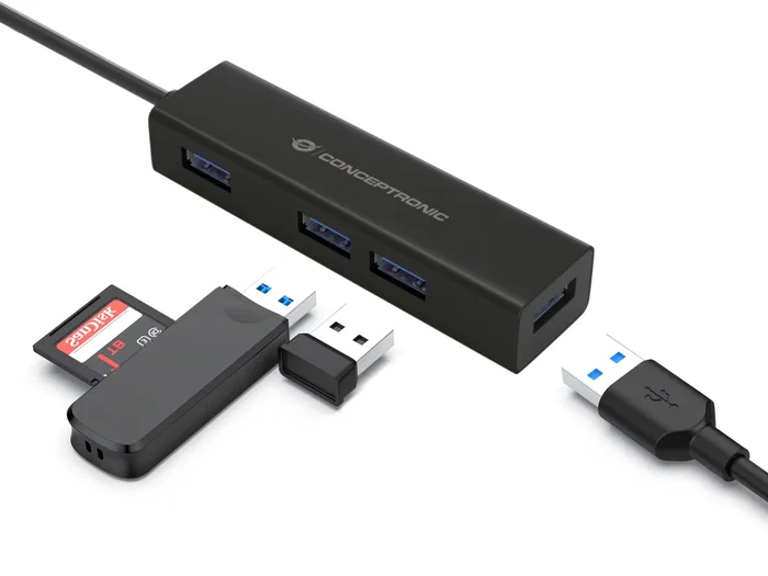 Conceptronic HUBBIES07B Hub USB 3.2 Gen 1 con 4 Puertos USB-A y Conexión USB-C para Ordenador, 5 Gbps, Aluminio Negro