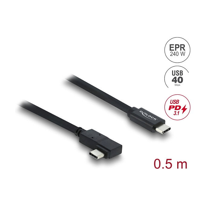 DeLOCK 81709 Cable USB-C a USB-C 0.5 m USB4 40 Gbps, USB PD 3.1 240 W, DisplayPort 1.4a, Thunderbolt, Angulado y Recto, Negro
