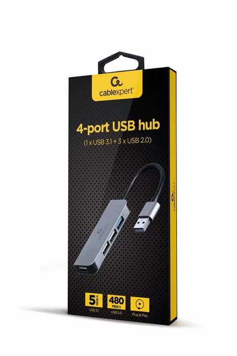 Gembird UHB-U3P1U2P3-01 Hub USB / Dock 4 Puertos, 1x USB 3.2 Gen 1 (5 Gbps) + 3x USB 2.0, Cable Integrado USB Tipo-C, Diseño Aluminio, Color Plata