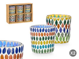 Giftdecor Portavela Redondo Pequeño Rombos Surtidos Vidrio Multicolor 7x7x7.2cm (Set de 36)