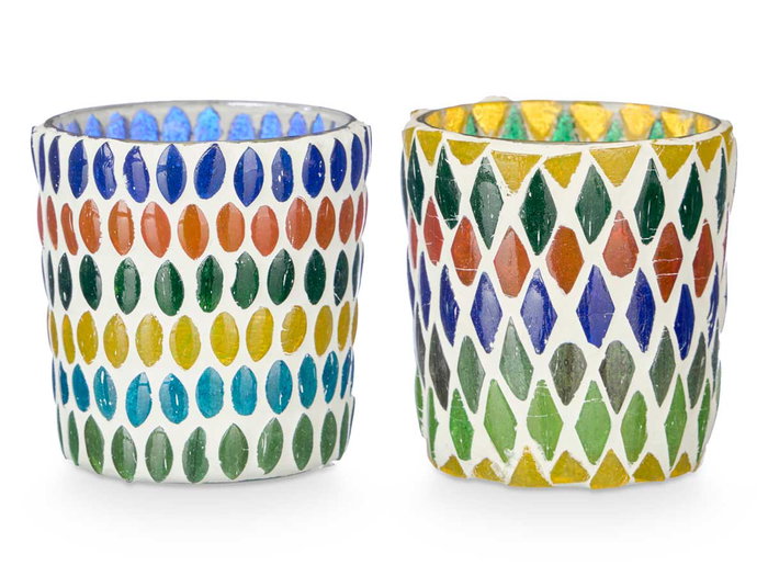 Giftdecor Portavela Redondo Pequeño Rombos Surtidos Vidrio Multicolor 7x7x7.2cm (Set de 36)