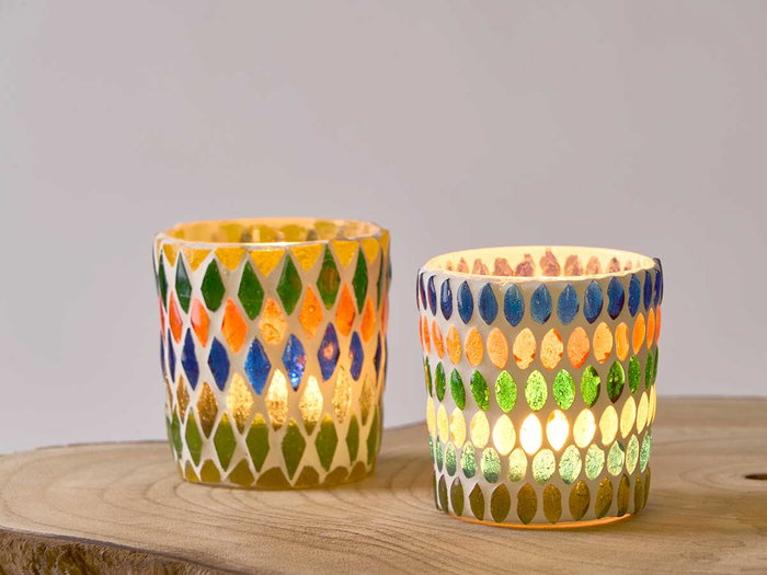 Giftdecor Portavela Redondo Pequeño Rombos Surtidos Vidrio Multicolor 7x7x7.2cm (Set de 36)