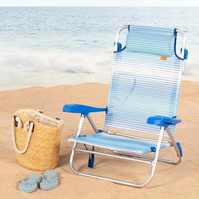 Aktive Silla de playa plegable y reclinable 8 posiciones rayas azul c/cojín y asas mano