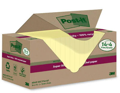 Post-It 7100284878 PACK 14+4 BLOCS 90 HOJAS NOTAS RECICLADAS ADHESIVAS SUPER STICKY AMARILLO PASTEL 76X76MM
