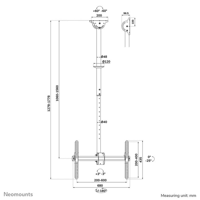Neomounts Soporte de Techo para Pantalla 37"-70" Brazo Articulado Altura 106-156 cm Capacidad Máx. 50 kg Negro