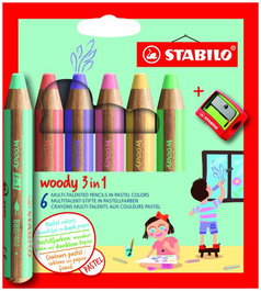 STABILO woody 3 en 1 Colores Pastel Estuche de 6 piezas con sacapuntas