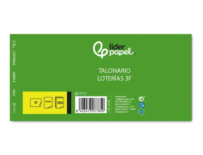 Liderpapel Talonario Lotería Tres en Folio 111 Original 3 en Folio Apaisado 205 x 102 mm