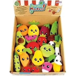 Jemini JEM3298060245593 Lote 18 Bolsas Sorpresa Peluche Fruta o Verdura +/- 10 cm, Pegatinas y Tarjetas de Memoria