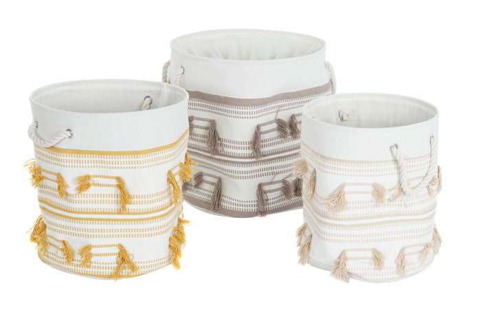 DKD Home Decor Cesta Boho Beige Mostaza Algodón Poliéster Flecos Set de 3 Piezas 43 x 45 x 43 cm