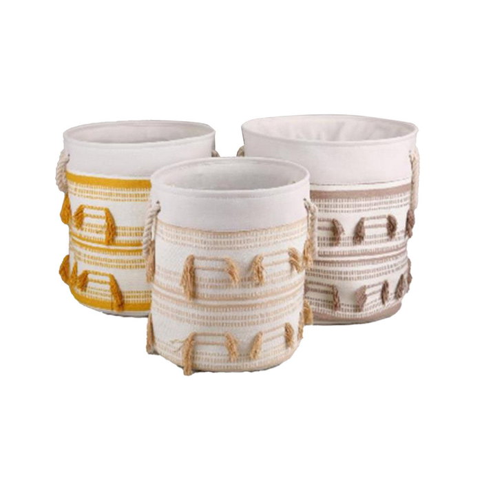 DKD Home Decor Set de 3 Cestas con Flecos Beige y Mostaza