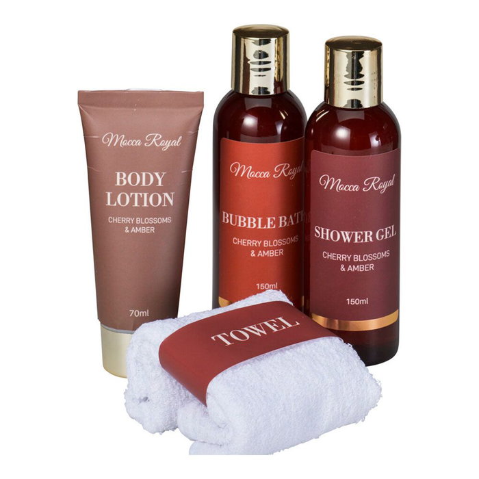 Mocca Royal Estuche Relaxing Body Care Set con Gel de Ducha, Loción Corporal, Baño de Burbujas y Toalla