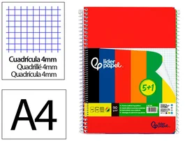 Liderpapel Cuaderno Espiral A4 Wonder Tapa Plástica 80 Hojas 90g Cuadro 4mm con Margen Pack 6 Colores Surtidos