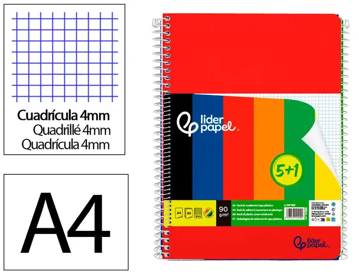Liderpapel Cuaderno Espiral A4 Wonder Tapa Plástica 80 Hojas 90g Cuadro 4mm con Margen Pack 6 Colores Surtidos Liderpapel Cuaderno Espiral A4 Wonder Tapa Plástica 80 Hojas 90g Cuadro 4mm con Margen Pack 6 Colores Surtidos