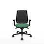 Silla de oficina Alares con mecanismo Sincro tapizada con Tela color Verde esmeralda y malla color Negro. Equipada con lumbar 1D, Brazos 1D y Ruedas 65mm nailon