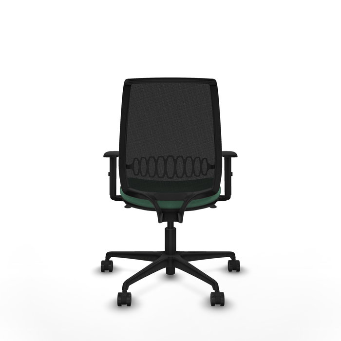 Silla de oficina Alares con mecanismo Sincro tapizada con Tela color Verde esmeralda y malla color Negro. Equipada con lumbar 1D, Brazos 1D y Ruedas 65mm nailon