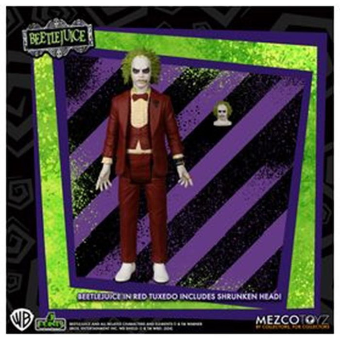 Mezco - Figura Beetlejuice Red Tux - 9.5 cm - Línea 5 Points - Coleccionable - Inspirada en la película Beetlejuice (1988) - Incluye cabeza intercambiable Mezco - Figura Beetlejuice Red Tux - 9.5 cm - Línea 5 Points - Coleccionable - Inspirada en la película Beetlejuice (1988) - Incluye cabeza intercambiable