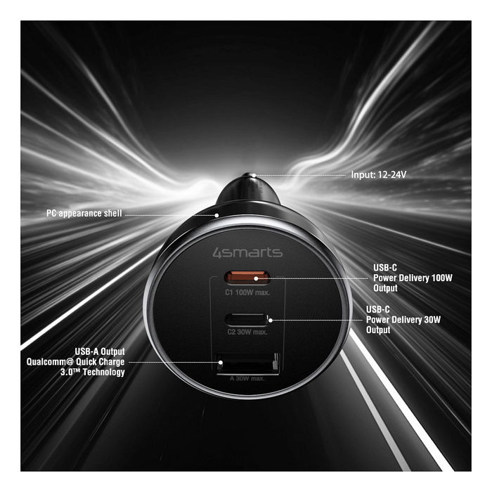 4smarts Cargador de Coche VoltRoad Ultimate 160W Negro con 2x USB-C y 1x USB-A, Carga Rápida