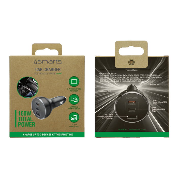 4smarts Cargador de Coche VoltRoad Ultimate 160W Negro con 2x USB-C y 1x USB-A, Carga Rápida