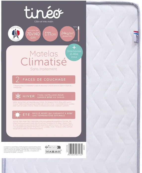 Tineo Colchón bebé climatizado 70 x 140 cm TIN3275054961134 Grosor 11 cm con sábana bajera y protector de colchón Tineo Colchón bebé climatizado 70 x 140 cm TIN3275054961134 Grosor 11 cm con sábana bajera y protector de colchón