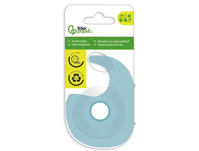 Liderpapel Miniportarrollo Ecouse - Portarrollos con cinta adhesiva de 33 m x 19 mm, 100% plástico reciclado, presentación en blister eco