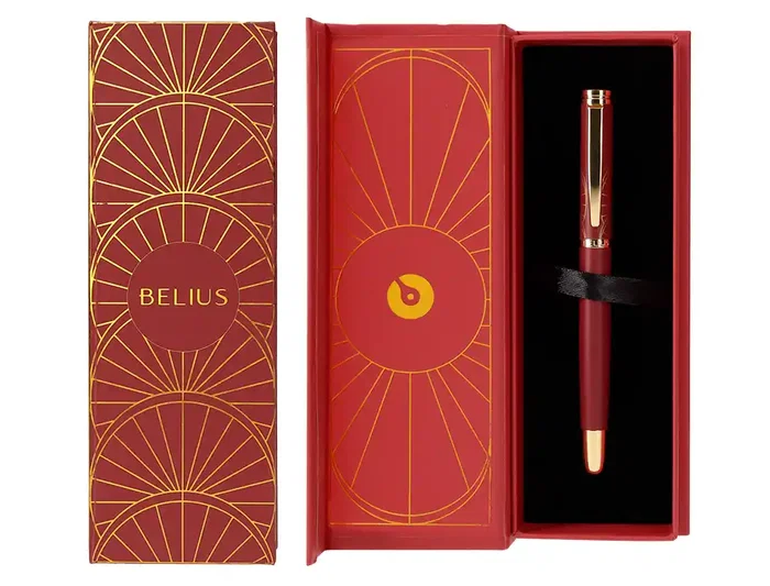 Belius Soiree Pluma Aluminio Color Art Deco Granate y Dorado Tinta Azul Caja de Diseño