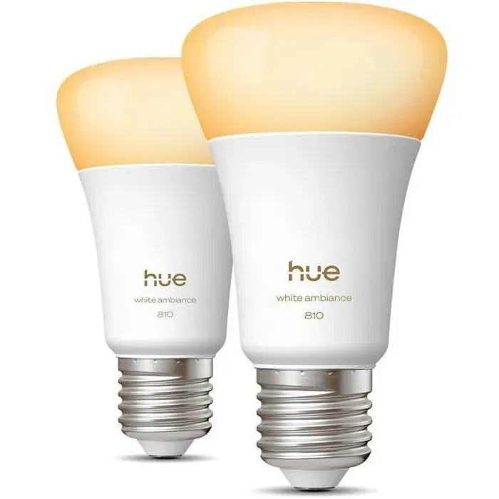 Philips Hue Pack de 2 Bombillas LED A60 Conectadas, E27, 6W, Luz Blanca Ajustable 1000-2000K, 810 Lúmenes, AABUO37088