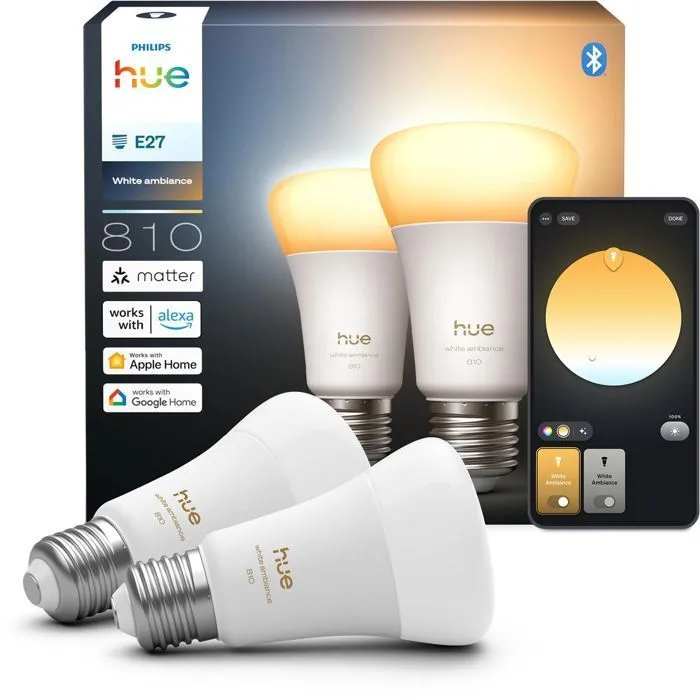Philips Hue Pack de 2 Bombillas LED A60 Conectadas, E27, 6W, Luz Blanca Ajustable 1000-2000K, 810 Lúmenes, AABUO37088