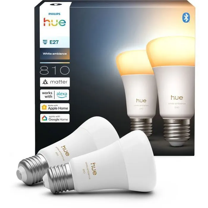 Philips Hue Pack de 2 Bombillas LED A60 Conectadas, E27, 6W, Luz Blanca Ajustable 1000-2000K, 810 Lúmenes, AABUO37088