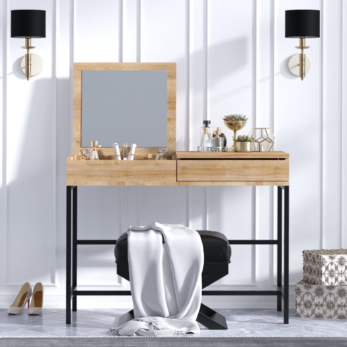Hanah Home Mesa de Maquillaje Moderna Roble y Negro, Tablero Partículas Melamina, Patas Metal, 100x45x75 cm