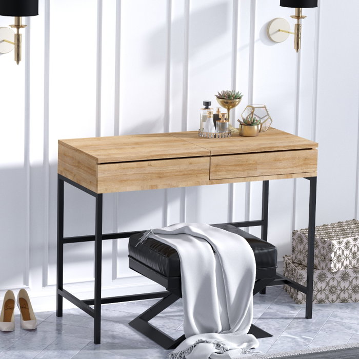 Hanah Home Mesa de Maquillaje Moderna Roble y Negro, Tablero Partículas Melamina, Patas Metal, 100x45x75 cm